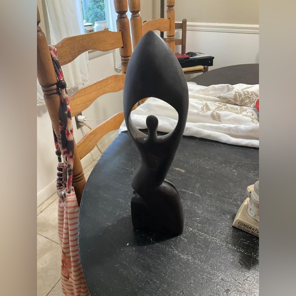 Sculpture Hand Carved Abstract Wood 12" Tall African Kneeling Angel Dark Wood